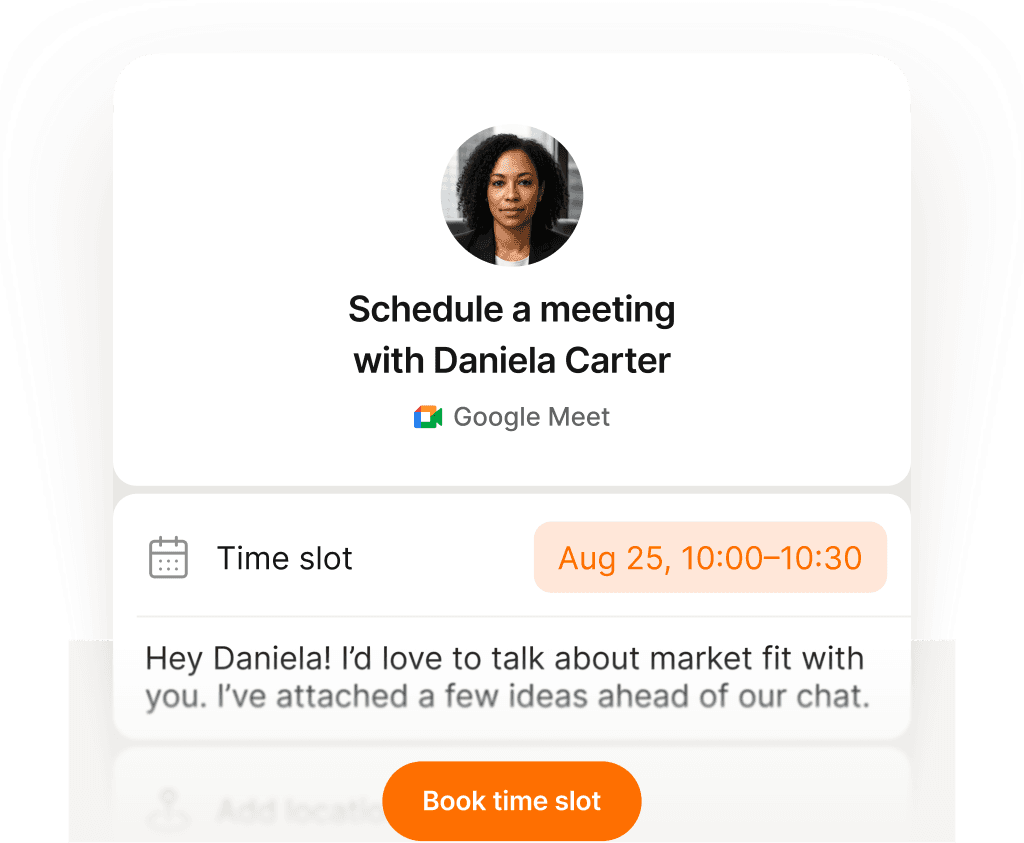 Supaplan scheduling card for booking a meeting