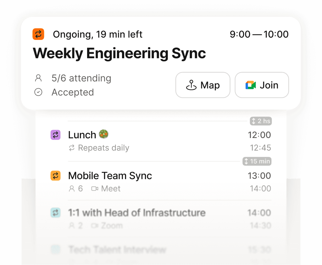 Supaplan smart agenda showing the next meeting across calendars